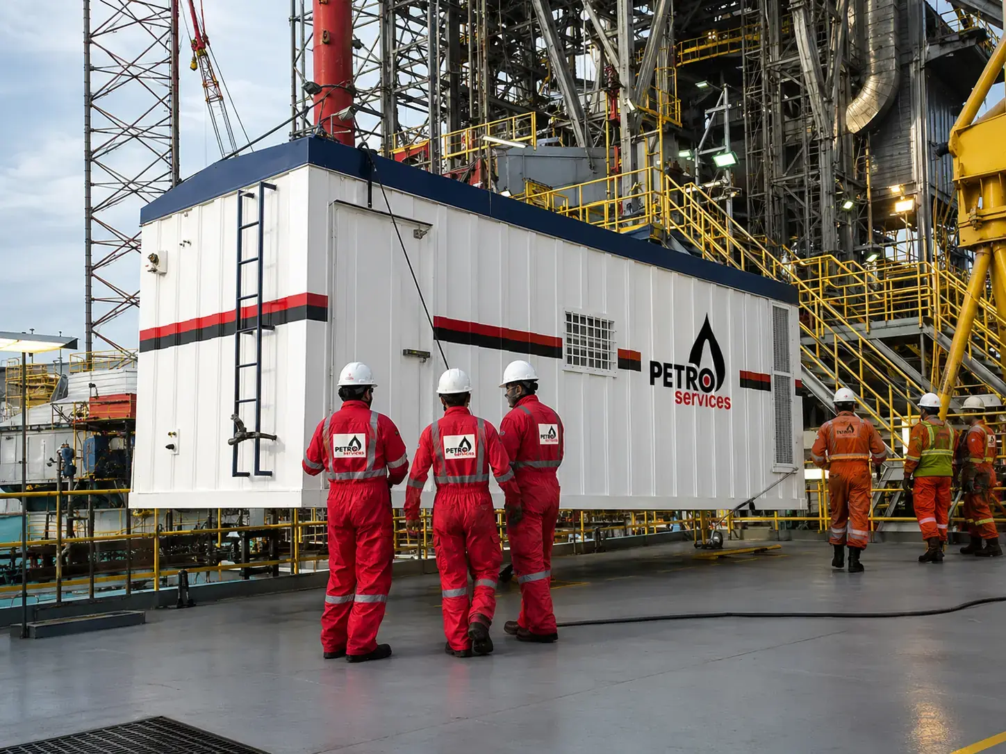 Petroservices field team walking toward a mud logging unit at a drilling site